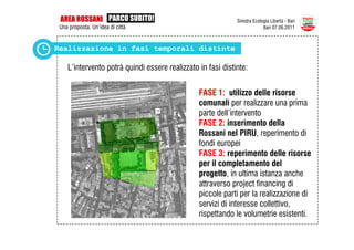 AREA ROSSANI PARCO SUBITO!                                  Sinistra Ecologia Libertà - Bari
 Una proposta. Un’idea di città                                            Bari 07.06.2011



Realizzazione in fasi temporali distinte

    L’intervento potrà quindi essere realizzato in fasi distinte:

                                                FASE 1: utilizzo delle risorse
                                                comunali per realizzare una prima
                                                parte dell’intervento
                                                FASE 2: inserimento della
                                                Rossani nel PIRU, reperimento di
                                                fondi europei
                                                FASE 3: reperimento delle risorse
                                                per il completamento del
                                                progetto, in ultima istanza anche
                                                attraverso project financing di
                                                piccole parti per la realizzazione di
                                                servizi di interesse collettivo,
                                                rispettando le volumetrie esistenti.
 