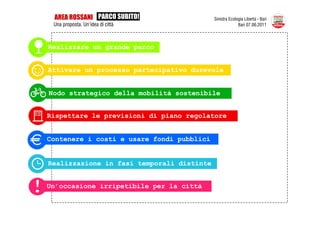 AREA ROSSANI PARCO SUBITO!                Sinistra Ecologia Libertà - Bari
 Una proposta. Un’idea di città                          Bari 07.06.2011



Realizzare un grande parco


Attivare un processo partecipativo durevole


Nodo strategico della mobilità sostenibile


Rispettare le previsioni di piano regolatore


Contenere i costi e usare fondi pubblici


Realizzazione in fasi temporali distinte


Un’occasione irripetibile per la città
 