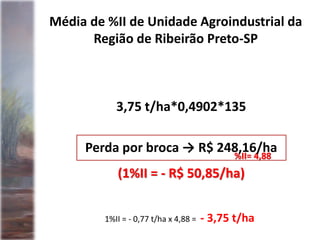 Média de %II de Unidade Agroindustrial da
Região de Ribeirão Preto-SP
%II= 4,88
1%II = - 0,77 t/ha x 4,88 = - 3,75 t/ha
3,75 t/ha*0,4902*135
Perda por broca → R$ 248,16/ha
(1%II = - R$ 50,85/ha)
 