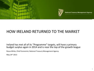 HOW IRELAND RETURNED TO THE MARKET
Ireland has met all of its “Programme” targets, will have a primary
budget surplus again in 2014 and is near the top of the growth league
Rossa White, Chief Economist, National Treasury Management Agency
May 24th
2013
1
 