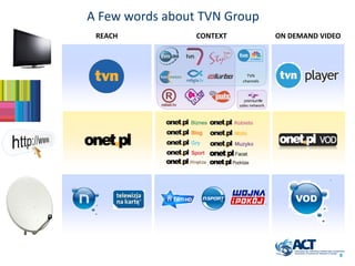 A Few words about TVN Group
 REACH           CONTEXT                   ON DEMAND VIDEO



                              TVN
                            channels




                           sales network




                                                         8
 