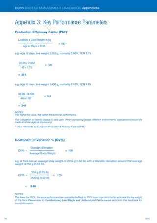 118 2014
ROSS BROILER MANAGEMENT HANDBOOK:
Appendix 3: Key Performance Parameters
Production Efficiency Factor (PEF)+
Livability x Live Weight in kg
			 x 100
Age in Days x FCR
e.g. Age 42 days, live weight 2,652 g, mortality 2.80%, FCR 1.75
97.20 x 2.652
	 x 100
42 x 1.75
= 351
e.g. Age 46 days, live weight 3,006 g, mortality 3.10%, FCR 1.83
96.90 x 3.006
	 		 x 100
46 x 1.83
= 346
NOTES
The higher the value, the better the technical performance.
This calculation is heavily biased by daily gain. When comparing across different environments, comparisons should be
made at similar ages at processing.
+	Also referred to as European Production Efficiency Factor (EPEF)
Coefficient of Variation % (CV%)
Standard Deviation
CV% = x 100
Average Body Weight
e.g. A flock has an average body weight of 2550 g (5.62 lb) with a standard deviation around that average
weight of 250 g (0.55 lb).
250 g (0.55 lb)
CV% = x 100
2550 g (5.62 lb)
= 9.80
NOTES
The lower the CV%, the more uniform and less variable the flock is. CV% is an important tool to estimate the live weight
of the flock. Please refer to the Monitoring Live Weight and Uniformity of Performance section in this handbook for
more information.
Appendices
 