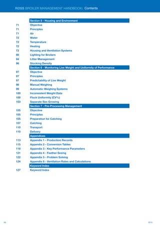 04 2014
ROSS BROILER MANAGEMENT HANDBOOK:
04
Section 5 - Housing and Environment
71 Objective
71 Principles
71 Air
72 Water
72 Temperature
72 Heating
72 Housing and Ventilation Systems
88 Lighting for Broilers
94 Litter Management
96 Stocking Density
Section 6 - Monitoring Live Weight and Uniformity of Performance
97 Objective
97 Principles
97 Predictability of Live Weight
98 Manual Weighing
99 Automatic Weighing Systems
100 Inconsistent Weight Data
100 Flock Uniformity (CV%)
103 Separate-Sex Growing
Section 7 - Pre-Processing Management
105 Objective
105 Principles
105 Preparation for Catching
107 Catching
110 Transport
110 Delivery
Appendices
113 Appendix 1 - Production Records
115 Appendix 2 - Conversion Tables
118 Appendix 3 - Key Performance Parameters
121 Appendix 4 - Feather Sexing
122 Appendix 5 - Problem Solving
124 Appendix 6 - Ventilation Rates and Calculations
Keyword Index
127 Keyword Index
Contents
 