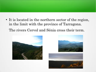 ●
It is located in the northern sector of the region,
in the limit with the province of Tarragona.
The rivers Cervol and Sénia cross their term.
 