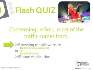 Concerning Le Soir, most of the
traffic comes from:
Browsing mobile website
or
iPhone Application
432.000 (mobile websites)
VS
340.000 (iPhone)*
Flash QUIZ
Source: *adtech, sept 2010
 