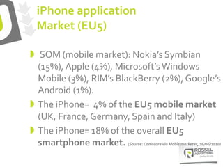 iPhone application
Market (EU5)
 SOM (mobile market): Nokia’s Symbian
(15%), Apple (4%), Microsoft’sWindows
Mobile (3%), RIM’s BlackBerry (2%), Google’s
Android (1%).
 The iPhone= 4% of the EU5 mobile market
(UK, France, Germany, Spain and Italy)
 The iPhone= 18% of the overall EU5
smartphone market. (Source:Comscore via Mobie marketer, 26/06/2010)
 