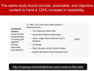 The same study found concise, scannable, and objective
content to have a 124% increase in readability.
http://nngroup.com/articles/how-users-read-on-the-web/
 