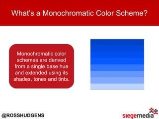 What’s a Monochromatic Color Scheme?
Monochromatic color
schemes are derived
from a single base hue
and extended using its
shades, tones and tints.
@ROSSHUDGENS
 