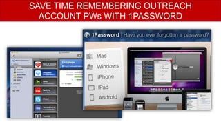 SAVE TIME REMEMBERING OUTREACH
ACCOUNT PWs WITH 1PASSWORD
 