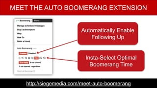 MEET THE AUTO BOOMERANG EXTENSION
Automatically Enable
Following Up
http://siegemedia.com/meet-auto-boomerang
Insta-Select Optimal
Boomerang Time
 