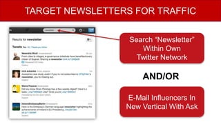 E-Mail Influencers In
New Vertical With Ask
AND/OR
TARGET NEWSLETTERS FOR TRAFFIC
Search “Newsletter”
Within Own
Twitter Network
 
