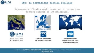 Comitè Européen
de Normalisation
Ente Italiano
di Normazione
International
Organization for
Standardization
Rappresenta l’Italia negli organismi di normazione
tecnica europei ed internazionali
UNI: la normazione tecnica italiana
 