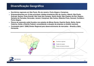 23
Diversificação Geográfica
Escritórios regionais em São Paulo, Rio de Janeiro, Porto Alegre e Campinas.
Empreendimentos em 19 das principais cidades brasileiras (Rio de Janeiro, Niterói, São Paulo,
Guarujá, Santos, Praia Grande, São José dos Campos, Santo André, São Caetano do Sul, Osasco,
Santana do Parnaíba, Sorocaba, Jacareí, Campinas, São Carlos, Ribeirão Preto, Sumaré, Curitiba e
Porto Alegre).
Planos de expansão estão focados nos estados de Minas Gerais, Espírito Santo, Bahia, Santa
Catarina, Goiás e Distrito Federal, consolidando a atuação da empresa no âmbito nacional.
Contratado (abril / 2006) Diretor Regional para desenvolvimento de mercados – Brasília e Belo
Horizonte.
Escritórios regionais
Projeto em desenvolvimento
Estados de atuação
 