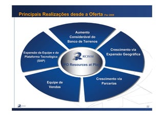 22
Principais Realizações desde a Oferta Fev 2006
IPO Resources at Play
Expansão da Equipe e da
Plataforma Tecnológica
(SAP)
Expansão da Equipe e da
Plataforma Tecnológica
(SAP)
Crescimento via
Parcerias
Crescimento via
Parcerias
Crescimento via
Expansão Geográfica
Crescimento via
Expansão Geográfica
Equipe de
Vendas
Equipe de
Vendas
Aumento
Considerável do
Banco de Terrenos
Aumento
Considerável do
Banco de Terrenos
 