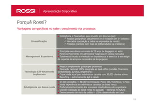 53
Porquê Rossi?
Apresentação Corporativa
Vantagens competitivas no setor: crescimento via processos
Diversificação
Inteligência e Musculatura para investir em diversos (as):
Regiões geográficas (atualmente em 54 cidades em 14 estados)
Mercados (exposição a todos os segmentos de renda)
Produtos (carteira com mais de 100 produtos na prateleira)
Management Experiente
Principais executivos com mais de 25 anos de bagagem no setor
Forte conhecimento em administrar negócios em vários mercados
Totalmente focado e orientado em implementar e executar a estratégia
de negócios da empresa no cenário de longo prazo
Tecnologia SAP totalmente
implantada
Negócio amplamente guiado por processos
Operação nacional 100% integrada ao back-office (vendas, financeiro,
contabilidade, jurídico, engenharia)
Capacidade atual para administrar carteira com 30,000 clientes ativos
Reporting – extremamente ágil e rápido
Inteligência em baixa renda
27.000 unidades (< R$100m) entregues: Plano 100, Vida Nova, V.Flora
Vasta experiência em administrar carteiras de baixa renda
Profundo conhecimento dos processos construtivos e de engenharia
Grande exposição ao baixa renda no passado – liderança no futuro
Gerenciamento de risco de crédito – 100% desenvolvido em casa
 