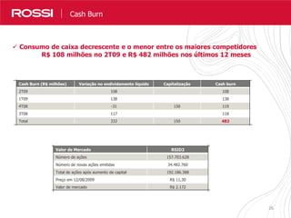 2626
NossosResultados em Números
 Consumo de caixa decrescente e o menor entre os maiores competidores
R$ 108 milhões no 2T09 e R$ 482 milhões nos últimos 12 meses
Cash Burn
Cash Burn (R$ milhões) Variação no endividamento líquido Capitalização Cash burn
2T09 108 108
1T09 138 138
4T08 -31 150 119
3T08 117 118
Total 332 150 482
Valor de Mercado RSID3
Número de ações 157.703.628
Número de novas ações emitidas 34.482.760
Total de ações após aumento de capital 192.186.388
Preço em 12/08/2009 R$ 11,30
Valor de mercado R$ 2.172
 
