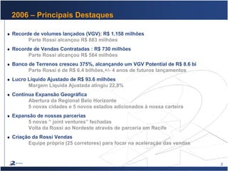 2
2006 – Principais Destaques
Recorde de volumes lançados (VGV): R$ 1.158 milhões
Parte Rossi alcançou R$ 883 milhões
Recorde de Vendas Contratadas : R$ 730 milhões
Parte Rossi alcançou R$ 584 milhões
Banco de Terrenos cresceu 375%, alcançando um VGV Potential de R$ 8.6 bi
Parte Rossi é de R$ 6.4 bilhões,+/- 4 anos de futuros lançamentos
Lucro Líquido Ajustado de R$ 93.6 milhões
Margem Líquida Ajustada atingiu 22,8%
Contínua Expansão Geográfica
Abertura da Regional Belo Horizonte
5 novas cidades e 5 novos estados adicionados à nossa carteira
Expansão de nossas parcerias
5 novas “ joint ventures” fechadas
Volta da Rossi ao Nordeste através de parceria em Recife
Criação da Rossi Vendas
Equipe própria (25 corretores) para focar na aceleração das vendas
 