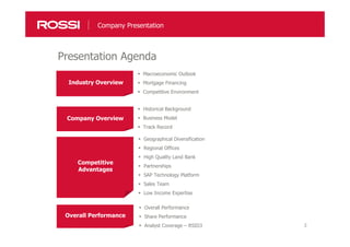 3
Company Presentation
Industry Overview
Macroeconomic Outlook
Mortgage Financing
Competitive Environment
Company Overview
Historical Background
Business Model
Track Record
Competitive
Advantages
Overall Performance
Overall Performance
Share Performance
Analyst Coverage – RSID3
Geographical Diversification
Regional Offices
High Quality Land Bank
Partnerships
SAP Technology Platform
Sales Team
Low Income Expertise
Presentation Agenda
 