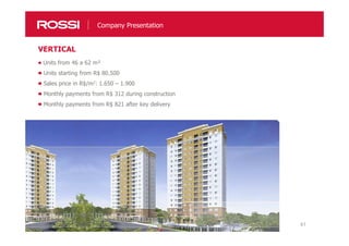 41
Company Presentation
Units from 46 a 62 m²
Units starting from R$ 80.500
Sales price in R$/m2: 1.650 – 1.900
Monthly payments from R$ 312 during construction
Monthly payments from R$ 821 after key delivery
VERTICAL
 