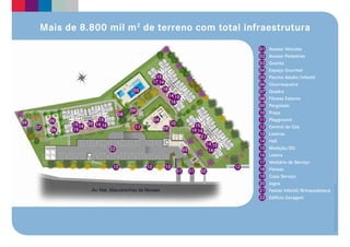 Mais de 8.800 mil m2 de terreno com total infraestrutura
                                                                                                 01 Acesso Veículos
                                                                                                 02 Acesso Pedestres
                                                                                                 03 Guarita
                                                                                                 04 Espaço Gourmet
                                                      15                                         05 Piscina Adulto/Infantil
                                                     17 14
                                                                                                 06 Churrasqueira
                                           05             18
                                                                                                 07 Quadra
                                                               14 15
                                                                                                 08 Fitness Externo
                                                                16
                                                                                                 09 Pergolado
                                          09                                                     10 Praça
                                     08
          06             15                          04                                          11 Playground
09             15 14 20 14 16                                  10
     07                                    11                                   15               12 Central de Gás
          06   19                                         09                   19 14
                                                                                                 13 Lixeiras
                                                                                   21
                                                                                                 14 Hall
                                                                                    14 15
                                22                                       03          16          15 Medição/DG
                                                                                                 16 Lixeira
                                                                                                 17 Vestiário de Serviço
                                 12             12           13                             12
                                                                    01        01   02            18 Fitness
                                                                                                 19 Copa Serviço
                                                                                                 20 Jogos




                                                                                                                                    Material preliminar sujeito a alterações.
                                                                                                 21 Festas Infantil/Brinquedoteca
                                                                                                 22 Edifício Garagem
 