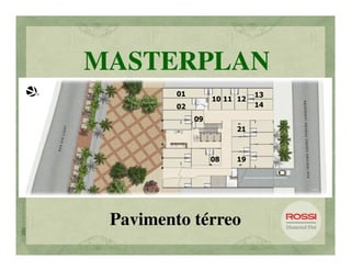 MASTERPLAN
         01                   13
                   10 11 12
         02                   14

              09
                        21



                   08   19




 Pavimento térreo
 