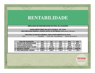 RENTABILIDADE
               SIMULAÇÃO DE RENTABILIDADE DO POOL DE LOCAÇÕES

                 DIÁRIA MÉDIA SIMULADA APTO DOUBLE - R$ 176,00
       RENTABILIDADE MENSAL LÍQUIDA (APÓS I.R) ESTIMADA: 0,8% a.m a 1,2% a.m

            PREVISÃO DE RECEITA MENSAL PARA APARTAMENTOS DO POOL
        TIPO               DOUBLE     45,91 M2 - COLUNA 02 DATA: 06/10/2010


      TAXA DE OCUPAÇÃO          65%         70%        75%          80%          85%
1 - RECEITA DE HOSPEDAGEM       6864        7392       7920         8448         8976
2 - CUSTO OPERACIONAL           4524        4788       5085         5280       5559,00
3 - HONORÁRIOS MONT BLANC       280,8      312,48      340,2       380,16       410,04
4 - RECEITA LÍQUIDA            2059,2     2291,52     2494,8      2787,84      3006,96
5 - RENTABILIDADE LÍQUIDA      0,86%       0,95%      1,04%        1,16%        1,25%
 