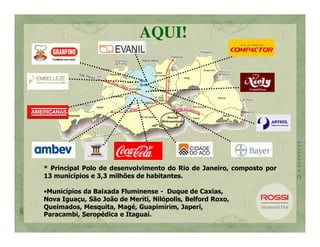 AQUI!




* Principal Polo de desenvolvimento do Rio de Janeiro, composto por
13 municípios e 3,3 milhões de habitantes.

•Municípios da Baixada Fluminense - Duque de Caxias,
Nova Iguaçu, São João de Meriti, Nilópolis, Belford Roxo,
Queimados, Mesquita, Magé, Guapimirim, Japeri,
Paracambi, Seropédica e Itaguaí.
 