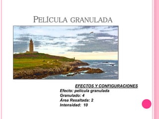 PELÍCULA GRANULADA
EFECTOS Y CONFIGURACIONES
Efecto: película granulada
Granulado: 4
Área Resaltada: 2
Intensidad: 10
 