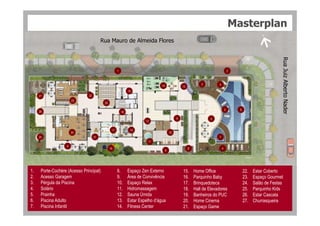 una
Masterplan
Rua Mauro de Almeida Flores
RuaJuizAlbertoNader
1 2
3 4
5 6
18
20
27
23
14 13
22
26
19
una
RuaJuizAlbertoNader
4
7
4
12
11
10
1517
21
16
18
24
25
9
8
26
9
9
1. Porte-Cochère (Acesso Principal)
2. Acesso Garagem
3. Pérgula da Piscina
4. Solário
5. Prainha
6. Piscina Adulto
7. Piscina Infantil
8. Espaço Zen Externo
9. Área de Convivência
10. Espaço Relax
11. Hidromassagem
12. Sauna Úmida
13. Estar Espelho d’água
14. Fitness Center
15. Home Office
16. Parquinho Baby
17. Brinquedoteca
18. Hall de Elevadores
19. Banheiros do PUC
20. Home Cinema
21. Espaço Game
22. Estar Coberto
23. Espaço Gourmet
24. Salão de Festas
25. Parquinho Kids
26. Estar Cascata
27. Churrasqueira
 