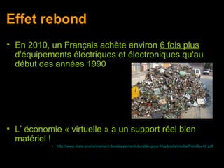Effet rebond
• En 2010, un Français achète environ 6 fois plus
  d'équipements électriques et électroniques qu'au
  début des années 1990




• L’ économie « virtuelle » a un support réel bien
  matériel !
           » http://www.stats.environnement.developpement-durable.gouv.fr/uploads/media/PointSur42.pdf
 