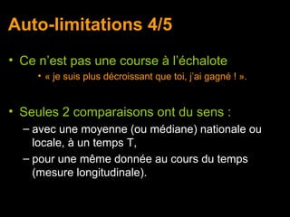 Auto-limitations 4/5
• Ce n’est pas une course à l’échalote
     • « je suis plus décroissant que toi, j’ai gagné ! ».


• Seules 2 comparaisons ont du sens :
  – avec une moyenne (ou médiane) nationale ou
    locale, à un temps T,
  – pour une même donnée au cours du temps
    (mesure longitudinale).
 