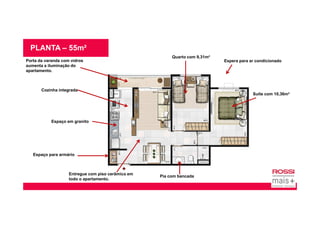 PLANTA – 55m²
Quarto com 9,31m²
Suíte com 10,36m²
Espera para ar condicionado
Cozinha integrada
Porta da varanda com vidros
aumenta a iluminação do
apartamento.
Pia com bancada
Entregue com piso cerâmico em
todo o apartamento.
Espaço para armário
Espaço em granito
 
