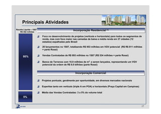 Principais Atividades
Receita Líquida – 1S07
R$ 352 milhões
95%
5%
Incorporação Residencial (1)Incorporação Residencial (1)
Foco no desenvolvimento de projetos (verticais e horizontais) para todos os segmentos de
renda, mas com foco maior nas camadas de baixa e média renda em 37 cidades (12
estados) espalhadas pelo Brasil
20 lançamentos no 1S07, totalizando R$ 953 milhões em VGV potencial (R$ R$ 811 milhões
= parte Rossi)
Vendas Contratadas de R$ 693 milhões no 1S07 (R$ 534 milhões = parte Rossi)
Banco de Terrenos com 10.9 milhões de m2
a serem lançados, representando um VGV
potencial da ordem de R$ 9.0 bilhões (parte Rossi)
Incorporação ComercialIncorporação Comercial
Projetos pontuais, geralmente por oportunidade, em diversos mercados nacionais
Expertise tanto em verticais (triple A em POA) e horizontais (Praça Capital em Campinas)
Média das Vendas Contratadas: 3 a 5% do volume total
17
 