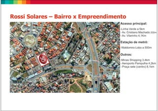 Rossi Solares – Bairro x Empreendimento
                                     Acesso principal:
                                     -Linha Verde a 5km
                                     - Av. Cristiano Machado 200m
                                     - Av. Vilarinho 4,1Km

                                     Estação de metrô:
                                     -Waldomiro Lobo a 500m

                                     Outros:
                                     -Minas Shopping 3,4km
                                     - Aeroporto Pampulha 4,2km
                                     - Praça sete (centro) 8,1km
 
