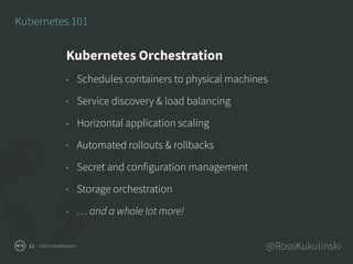 ©2016 NodeSource @RossKukulinski11
Kubernetes 101
Kubernetes Orchestration
• Schedules containers to physical machines
• Service discovery & load balancing
• Horizontal application scaling
• Automated rollouts & rollbacks
• Secret and configuration management
• Storage orchestration
• … and a whole lot more!
 