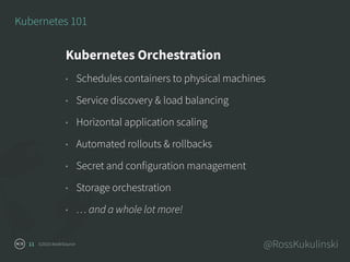 ©2016 NodeSource @RossKukulinski11
Kubernetes 101
Kubernetes Orchestration
• Schedules containers to physical machines
• S...