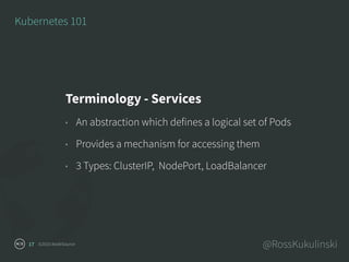 ©2016 NodeSource @RossKukulinski17
Kubernetes 101
Terminology - Services
• An abstraction which defines a logical set of P...