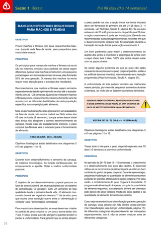 20
Seção 1: Recria 0 a 98 dias (0 a 14 semanas)
MANEJOS ESPECÍFICOS REQUERIDOS
PARA MACHOS E FÊMEAS
OBJETIVOS
Prover machos e fêmeas com seus requerimentos bási-
cos, durante cada fase de recria, para prepará-los para
maturidade sexual.
PRINCÍPIOS
Os princípios para manejo de machos e fêmeas na recria
são os mesmos, embora seus padrões de pesos sejam
diferentes.Apesar dos machos constituírem uma pequena
porcentagem em termos de número de aves, eles formarão
50% de uma geração. O manejo dos machos na recria
requer mais atenção para o sucesso dos resultados.
Recomendamos que machos e fêmeas sejam recriados
separadamente desde o primeiro dia de vida até o acasala-
mento com 22 – 23 semanas. Quando se misturam machos
e fêmeas jovens, o crescimento e desenvolvimento varia de
acordo com as diferentes habilidades de cada população
especíﬁca na competição pelo alimento.
Mas, se por outras razões eles precisarem ser acasalados
na fase de recria, isto nunca poderá ser feito antes dos
42 dias de idade (6 semanas), porque antes dessa idade
eles ainda não atingiram o correto desenvolvimento de
carcaça. Nesse caso de acasalamento precoce, o peso
corporal das fêmeas será o indicador para o fornecimento
de alimento.
FASE DE CRIA: DE 0 - 28 DIAS
Objetivos ﬁsiológicos estão detalhados nos diagramas 5
e 6 nas páginas 11 e 12.
OBJETIVOS
Garantir bom desenvolvimento e tamanho da carcaça,
do sistema imunológico, da função cardiovascular, do
empenamento e apetite. Obter a melhor uniformidade
possível.
PRINCÍPIOS
O objetivo de um desenvolvimento corporal precoce na
fase de cria só poderá ser alcançado pelo uso do sistema
de alimentação “à vontade”, com um alimento de boa
qualidade desde o primeiro dia de vida . O alimento con-
sumido deverá ser registrado desde o 1º dia de vida, para
que ocorra uma transição suave entre a “alimentação à
vontade” para “alimentação controlada”.
Para maximizar o desempenho, as aves devem ser criadas
no padrão de peso corporal ou um pouco acima deste, dos
7 aos 14 dias. Lotes que não atingem o padrão tendem a
perder a uniformidade. Para garantir que os pintos atinjam
o peso padrão na cria, a ração inicial na forma triturada
deve ser fornecida do primeiro dia até 21-28 dias (3 - 4
semanas, ver Nutrição, Seção 4, página 43). Se as aves
estiverem de 20 a 40 gramas acima do padrão aos 28 dias,
a ração crescimento I pode ser introduzida. Deverão ser
recomendadas duas pesagens semanais nos lotes em que
o desenvolvimento corporal não foi alcançado durante a
transição da ração Inicial para ração crescimento I.
Um bom parâmetro para medir o desenvolvimento do
apetite dos pintos é monitorar a proporção de pintos com
o papo cheio. Aos 3 dias, 100% dos pintos devem estar
com os papos cheios.
Se existir alguma evidência de que as aves não estão
crescendo de acordo com o peso corporal padrão, então a
luz artiﬁcial deve ser mantida, interrompendo-se a redução
programada (Veja Iluminação, Seção 4, página 50).
A uniformidade do lote poderá também ser melhorada
nesse período, por meio de pequenos aumentos durante
a semana, ao invés de se fazerem aumentos semanais.
DESENVOLVIMENTO CORPORALABAIXO DO PADRÃO PARA
A IDADE DURANTE A FASE INICIAL DA CRIA OU SINAIS DE
FALTA DE APETITE REQUEREM UMA AÇÃO IMEDIATA.
RECRIA DE 28 - 70 DIAS (4 - 10 SEMANAS)
Objetivos ﬁsiológicos estão detalhados nos diagramas 5
e 6 nas páginas 11 e 12.
OBJETIVOS
Trazer todo o lote para o peso corporal esperado aos 70
dias (10 semanas) e com boa uniformidade .
PRINCÍPIOS
No período de 28–70 dias (4 – 10 semanas), o crescimento
e o desenvolvimento das aves são rápidos. É essencial
utilizar-se os incrementos de alimento para se obter um bom
controle do ganho de peso corporal. Durante esse estágio,
pequenas mudanças na quantidade de alimento consumido
poderão ter grandes efeitos sobre o peso corporal. Por essa
razão, o monitoramento do peso corporal é importante. O
programa de alimentação é apenas um guia da quantidade
de alimento requerida, sua alteração deverá ser orientada
pelo desvio do peso corporal médio do peso padrão e da
quantidade de alimento fornecida no período.
Caso seja necessário fazer classiﬁcação para recuperação
de carcaça, essa deverá ser feita dentro desse período
(Ver Classiﬁcação para Atingir Uniformidade, página 17).
As diferentes categorias de peso deverão ser manejadas
separadamente, isto é, não se devem misturar aves de
diferentes categorias.
 