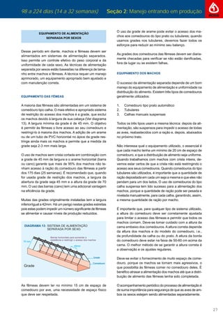 98 a 224 dias (14 a 32 semanas) Seção 2: Manejo entrando em produção
27
O uso da grade de arame pode evitar o acesso dos ma-
chos aos comedouros do tipo prato ou tubulares; quando
usamos grades nos tubulares, devemos fazer todos os
esforços para reduzir ao mínimo seu balanço.
As grades dos comedouros das fêmeas devem ser diaria-
mente checadas para veriﬁcar se não estão daniﬁcadas,
fora de lugar ou se existem falhas.
EQUIPAMENTO DOS MACHOS
O sucesso da alimentação separada depende de um bom
manejo do equipamento de alimentação e uniformidade na
distribuição do alimento. Existem três tipos de comedouros
geralmente utilizados:
1. Comedouro tipo prato automático
2. Tubulares
3. Calhas manuais suspensas
Todos os três tipos usam a mesma técnica: depois da ali-
mentação, são suspensos para impedir o acesso de todas
as aves, reabastecidos com a ração e, depois, abaixados
no próximo trato.
Não interessa qual o equipamento utilizado, o essencial é
que cada macho tenha um mínimo de 20 cm de espaço de
comedouro, e que a distribuição de alimento seja uniforme.
Quando trabalhamos com machos com crista inteira, de-
vemos estar certos de que a crista não está restringindo o
acesso aos seus comedouros. Quando comedouros do tipo
tubulares são utilizados, é importante que a quantidade de
ração depositada em cada um seja a mesma e que eles não
pendam para um dos lados. O uso de comedouros do tipo
calha suspensa tem tido sucesso para a alimentação dos
machos, porque a quantidade de ração pode ser pesada e
nivelada manualmente, para cada calha, garantindo, assim,
a mesma quantidade de ração por macho.
É importante que, para qualquer tipo de sistema utilizado,
a altura do comedouro deve ser corretamente ajustada
para limitar o acesso das fêmeas e permitir que todos os
machos comam. Deve-se tomar cuidado com a altura da
cama embaixo dos comedouros. A altura correta depende
da altura dos machos e do modelo do comedouro, i.e.,
da profundidade da calha ou do prato. A altura da borda
do comedouro deve estar na faixa de 50-60 cm acima da
cama. O melhor método de se garantir a altura correta é
a observação e os ajustes regulares.
Deve-se evitar o fornecimento de muito espaço de come-
douro, porque os machos se tornam mais agressivos, o
que possibilita às fêmeas comer no comedouro deles. É
benéﬁco atrasar a alimentação dos machos até que a distri-
buição de alimento das fêmeas tenha sido completada.
O acompanhamento periódico do processo de alimentação é
de suma importância para segurança de que as aves de am-
bos os sexos estejam sendo alimentadas separadamente.
EQUIPAMENTO DE ALIMENTAÇÃO
SEPARADA POR SEXOS
Desse período em diante, machos e fêmeas devem ser
alimentados em sistemas de alimentação separados.
Isso permite um controle efetivo do peso corporal e da
uniformidade de cada sexo. As técnicas de alimentação
separada por sexos estão baseadas na diferença de tama-
nho entre machos e fêmeas. A técnica requer um manejo
aprimorado, um equipamento apropriado bem ajustado e
com manutenção correta.
EQUIPAMENTO DAS FÊMEAS
A maioria das fêmeas são alimentadas em um sistema de
comedouro tipo calha. O mais efetivo e apropriado sistema
de restrição do acesso dos machos é a grade, que exclui
os machos devido à largura de sua cabeça (Ver diagrama
13). A largura mínima da grade é de 45 mm. O objetivo
é permitir às fêmeas o livre acesso ao seu comedouro e
restringí-lo à maioria dos machos. A adição de um arame
ou de um tubo de PVC horizontal no ápice da grade res-
tringe ainda mais os machos e permite que a medida da
grade seja 2-3 mm mais larga.
O uso de machos sem crista cortada em combinação com
a grade de 45 mm de largura e o arame horizontal (barra
ou cano) garante que mais de 95% dos machos não te-
nham acesso à ração do comedouro das fêmeas a partir
dos 175 dias (25 semanas). É recomendado que, quando
for usada grade de restrição dos machos, a largura da
abertura da grade seja 45 mm e a altura da grade de 70
mm. O uso das barras (cano) tem uma adicional vantagem
na eﬁciência da grade.
Muitas das grades originalmente instaladas tem a largura
inferior/igual a 42mm. Há um perigo nestas grades estreitas
pois estas podem impedir um número signiﬁcante de fêmeas
se alimentar e causar níveis de produção reduzidos.
As fêmeas devem ter no mínimo 15 cm de espaço de
comedouro por ave, uma necessidade de espaço físico
que deve ser respeitada.
 