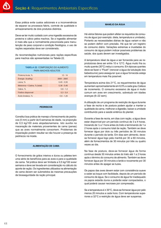 Seção 4: Requerimentos Ambientais Específicos
48
12 - 14
2600 - 2800
0,45 - 0,55
0,38 - 0,46
0,8 - 1,2
0,3 - 0,4
0,8 - 1,20
Essa prática evita custos adicionais e a inconveniência
de separar os processos fabris, controle de qualidade e
armazenamento de dois produtos distintos.
Deve-se ter muito cuidado com uma ingestão excessiva de
proteína e cálcio pelos machos. Se a ingestão alimentar
é mais alta que a normalmente preconizada para manu-
tenção de peso corporal e condição ﬁsiológica, o uso de
rações separadas deve ser considerado.
As recomendações nutricionais para rações especíﬁcas
para machos são apresentadas na Tabela 22.
PEDRISCOS
Constitui boa prática de manejo o fornecimento de pedris-
cos (5 mm) a partir de 6 semanas de idade, na proporção
de 0,5 kg/100 aves alojadas/semana. Isto auxilia na
maceração de materiais provenientes da cama (penas)
que as aves normalmente consomem. Problemas de
impactação podem resultar se não houver a presença de
pedriscos na moela.
ALIMENTAÇÃO DE CAMA
O fornecimento de grãos inteiros e duros ou péletes tem
uma série de benefícios para as aves e para a qualidade
da cama. Tal prática deve ser limitada a 0,5 kg/100 aves/
semana e deve ser levada em consideração no cálculo do
aporte de ração. Os ingredientes utilizados na alimentação
de cama devem ser submetidos às mesmas precauções
de biosseguridade da ração principal.
MANEJO DA ÁGUA
Há vários fatores que podem afetar os requisitos de consu-
mo de água (por exemplo: dieta, temperatura e umidade).
Portanto as necessidades diárias de água variam e não
se podem deﬁnir com precisão. Há que ter um registro
do consumo diário. Variações extremas e inusitadas do
consumo de água podem indicar possíveis problemas de
saúde, dos quais devem ser investigados.
A temperatura ideal da água a ser fornecida para as re-
produtoras deve ser entre 10 e 12°C. Água muito fria ou
muito quente (30°C) reduz o consumo. Em épocas quentes
deve-se fazer o “Flush” (renovar a água da tubulação dos
bebedouros) para assegurar que a água fornecida esteja
em temperatura mais fria possível.
Temperatura acima dos 21°C, os requerimentos de água
aumentam aproximadamente em 6,5% a cada grau Celsius
de incremento. O consumo excessivo de água é muito
comum em aves em crescimento, sobretudo em idades
avanças (6–22 sem).
A utilização de um programa de restrição de água durante
a fase de recria e de postura podem ajudar a manter a
qualidade da cama, melhorar a digestão, baixar a umidade
contribuindo para a saúde entérica do plantel.
Durante a fase de recria, em dias com ração, a água deve
estar disponível por um período contínuo de 3 a 4 horas.
Iniciando de ½ a 1 hora antes do trato e terminando de 1 a
2 horas após o consumo total da ração. Também se deve
fornecer água por dois ou três períodos de 30 minutos
durante o período da tarde. Em dias sem alimento, deve-
se fornecer água logo pela manhã por 30 a 60 minutos,
além de fornecimentos de 30 minutos por três ou quatro
vezes ao dia.
Na fase de postura, deve-se fornecer água de forma
contínua desde 30 minutos antes do trato até 1 a 2 horas
após o término do consumo de alimento. Também se deve
fornecer água por 30 minutos a tarde e novamente por 30
minutos antes de apagar as luzes.
Os papos das aves devem estar com consistência suave
e ceder ao toque com facilidade, depois de um período de
consumo de água. Se o consumo de água for inadequado
os papos estarão duros e poderão estar compactados, o
qual poderá causar necroses por compressão.
Se a temperatura é ≥ 30°C, deve-se fornecer água por pelo
menos 20 minutos a cada hora. Com temperaturas supe-
riores a 32°C a restrição de água deve ser suspensa.
 
