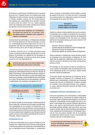 Seção 4: Requerimentos Ambientais Específicos
50
de fornecer luz artiﬁcial sem interferência da luz natural (à
prova de luz). Cuidados devem ser tomados para evitar
inﬁltrações de raios luminosos através de passagens de
ar, fendas, caixilhos, cortinas, etc. Em termos práticos,
isso signiﬁca que a intensidade de luz durante o período
de escuro deve ser inferior a 0,4 lux. Testes regulares
devem ser realizados para checar a eﬁciência do sistema
que garante o escuro (à prova de luz).
AS AVES SÃO MUITO SENSÍVIES AO FOTOPERÍODO.
QUALQUER INFILTRAÇÃO DE LUZ NATURAL DEVE
SER IMEDIATAMENTE CORRIGIDA PARA GARANTIR O
CORRETO FOTOPERÍODO
As aves devem ser submetidas a um fotoperíodo constante
de 7 a 9 horas diárias aos 21 dias (3 semanas), no máxi-
mo. A intensidade de luz deve estar entre 15 e 20 lux. O
fotoperíodo não deve ser aumentado durante o restante
da fase de recria, isto é, até 132 dias (19 semanas).
O primeiro aumento de luz na fase pré-postura deve
ocorrer 4 semanas antes da data prevista para o início da
postura. Por exemplo, se o objetivo for 5% de postura no
169o
dia (25ª semana), o primeiro aumento de luz deverá
ocorrer no 141o
dia (Veja tabela 23).
SUPER-ESTIMULAÇÃO DE LOTES DESUNIFORMES PODE
GERAR PROBLEMAS COMO CHOCO E PROLAPSO
A tamanho do primeiro aumento de luz da fase pré-postura
depende da uniformidade do lote por volta dos 126 dias de
idade (18 semanas). Lotes desuniformes devem receber um
aumento menor aﬁm de evitar-se a super estimulação das
aves leves ou pesadas, e assim problemas tais como prolap-
so e choco. Os aumentos de luz recomendados, conforme
a uniformidade, são mostrados nas tabelas 23 e 24.
Os machos criados na curva de peso corporal padrão da
Ross e segundo o programa de iluminação recomendado,
não necessitarão de um aumento no fotoperíodo ou de
intensiﬁcação de luz antes das fêmeas.Asincronização da
maturidade sexual de ambos os sexos é garantida quando
as aves se desenvolvem seguindo a curva de peso corporal
padrão com boa uniformidade (Veja Manejo Entrando em
Produção, Seção 2, página 24).
INTENSIDADE DA LUZ
É vital que a intensidade de luz seja aumentada em com-
binação com o fotoperíodo. É por meio da combinação de
aumentos simultâneos do fotoperíodo e intensidade de luz
que a maturidade sexual é estimulada e, conseqüente-
mente, a postura. A intensidade mínima exigida no aviário
de postura é de 60 lux. O número de ovos e a atividade
dos machos podem ser melhorados quando se aumenta
a intensidade da luz para 100-150 lux.
SITUAÇÃO 2
AVIÁRIO ABERTO NA RECRIA E
AVIÁRIO ABERTO NA POSTURA
Quando se utilizam aviários abertos para recria e postura,
é necessário que se adote um programa de luz que leve
em consideração as mudanças sazonais do fotoperíodo
natural e da intensidade da luz. Na recria com aviários
abertos há 4 situações básicas que ocorrem entre 0 e 133
dias (0-19 semanas):
- Aumento natural do fotoperíodo;
- Aumento seguido de decréscimo natural do fotoperíodo;
- Decréscimo natural do fotoperíodo;
- Decréscimo seguido de aumento natural do fotoperíodo.
Essas mudanças no fotoperíodo natural também podem
ser ilustradas como demonstrado no Diagrama 18. Para
cada mês de alojamento, diferentes cores indicam o pa-
drão de aumento e decréscimo de horas no fotoperíodo
durante a recria.
Por exemplo, um lote nascido em abril no hemisfério sul,
ou em outubro no hemisfério norte, terá decréscimo natu-
ral do fotoperíodo de até 10-12 semanas, depois haverá
aumento natural do fotoperíodo.
O princípio básico das técnicas do Programa de Ilu-
minação, indicado no Diagrama 19, é utilização de luz
artiﬁcial para contrabalançar a inﬂuência das mudanças
naturais que ocorrem no fotoperíodo. O objetivo consiste
em controlar o início da postura durante o ano, evitando-
se, assim, grandes ﬂutuações sazonais da idade do lote
ao primeiro ovo.
ILUMINAÇÃO ARTIFICIAL E INTENSIDADE DE LUZ
É de suma importância que a intensidade e a uniformidade
de distribuição da luz, proveniente do sistema artiﬁcial de
iluminação, sejam suﬁcientes para assegurar um estímulo
adequado. A intensidade mínima exigida é de 30 lux. Em
geral, a intensidade de luz natural no Brasil é alta durante
todo o ano; assim é particularmente importante que a
iluminação artiﬁcial utilizada, quer para recria, quer para
postura, também seja de alta intensidade para assegurar
níveis satisfatórios de desempenho. As ﬂutuações sazo-
nais do início de postura resultam não só da mudança
do fotoperíodo natural durante a recria, mas também da
mudança sazonal na intensidade da luz.
AS AVES PODEM NÃO RESPONDER A ESTÍMULOS DE LUZ
DE BAIXA INTENSIDADE, QUANDO RECRIADAS COM LUZ
NATURAL DE ALTA INTENSIDADE.
 