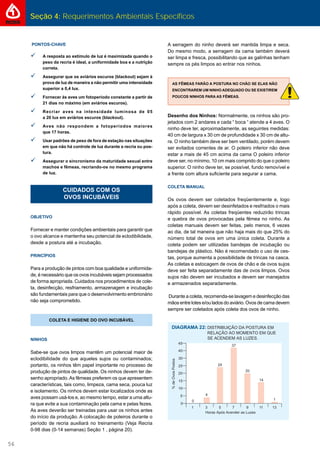 Seção 4: Requerimentos Ambientais Específicos
56
CUIDADOS COM OS
OVOS INCUBÁVEIS
OBJETIVO
Fornecer e manter condições ambientais para garantir que
o ovo alcance e mantenha seu potencial de eclodibilidade,
desde a postura até a incubação.
PRINCÍPIOS
Para a produção de pintos com boa qualidade e uniformida-
de, é necessário que os ovos incubáveis sejam processados
de forma apropriada. Cuidados nos procedimentos de cole-
ta, desinfecção, resfriamento, armazenagem e incubação
são fundamentais para que o desenvolvimento embrionário
não seja comprometido.
COLETA E HIGIENE DO OVO INCUBÁVEL
NINHOS
Sabe-se que ovos limpos mantêm um potencial maior de
eclodibilidade do que aqueles sujos ou contaminados;
portanto, os ninhos têm papel importante no processo de
produção de pintos de qualidade. Os ninhos devem ter de-
senho apropriado.As fêmeas preferem os que apresentem
características, tais como, limpeza, cama seca, pouca luz
e isolamento. Os ninhos devem estar localizados onde as
aves possam usá-los e, ao mesmo tempo, estar a uma altu-
ra que evite a sua contaminação pela cama e pelas fezes.
As aves deverão ser treinadas para usar os ninhos antes
do início da produção. A colocação de poleiros durante o
período de recria auxiliará no treinamento (Veja Recria
0-98 dias (0-14 semanas) Seção 1 , página 20).
A serragem do ninho deverá ser mantida limpa e seca.
Do mesmo modo, a serragem da cama também deverá
ser limpa e fresca, possibilitando que as galinhas tenham
sempre os pés limpos ao entrar nos ninhos.
AS FÊMEAS FARÃO A POSTURA NO CHÃO SE ELAS NÃO
ENCONTRAREM UM NINHO ADEQUADO OU SE EXISTIREM
POUCOS NINHOS PARA AS FÊMEAS.
Desenho dos Ninhos: Normalmente, os ninhos são pro-
jetados com 2 andares e cada “ boca “ atende a 4 aves. O
ninho deve ter, aproximadamente, as seguintes medidas:
40 cm de largura x 30 cm de profundidade x 30 cm de altu-
ra. O ninho também deve ser bem ventilado, porém devem
ser evitados correntes de ar. O poleiro inferior não deve
estar a mais de 45 cm acima da cama O poleiro inferior
deve ser, no mínimo, 10 cm mais comprido do que o poleiro
superior. O ninho deve ter, se possível, fundo removível e
a frente com altura suﬁciente para segurar a cama.
COLETA MANUAL
Os ovos devem ser coletados freqüentemente e, logo
após a coleta, devem ser desinfetados e resfriados o mais
rápido possível. As coletas freqüentes reduzirão trincas
e quebra de ovos provocadas pela fêmea no ninho. As
coletas manuais devem ser feitas, pelo menos, 6 vezes
ao dia, de tal maneira que não haja mais do que 25% do
número total de ovos em uma única coleta. Durante a
coleta podem ser utilizadas bandejas de incubação ou
bandejas de plástico. Não é recomendado o uso de ces-
tas, porque aumenta a possibilidade de trincas na casca.
As coletas e estocagem de ovos de chão e de ovos sujos
deve ser feita separadamente das de ovos limpos. Ovos
sujos não devem ser incubados e devem ser manejados
e armazenados separadamente.
Durante a coleta, recomenda-se lavagem e desinfecção das
mãos entre lotes e/ou lados do aviário. Ovos de cama devem
sempre ser coletados após coleta dos ovos de ninho.
PONTOS-CHAVE
 A resposta ao estímulo de luz é maximizada quando o
peso da recria é ideal, a uniformidade boa e a nutrição
correta.
 Assegurar que os aviários escuros (blackout) sejam à
prova de luz de maneira a não permitir uma intensidade
superior a 0,4 lux.
 Fornecer às aves um fotoperiodo constante a partir de
21 dias no máximo (em aviários escuros).
 Recriar aves na intensidade luminosa de 05
a 20 lux em aviários escuros (blackout).
 Aves não respondem a fotoperíodos maiores
que 17 horas.
 Usar padrões de peso de fora de estação nas situações
em que não há controle de luz durante a recria ou pos-
tura.
 Assegurar o sincronismo da maturidade sexual entre
machos e fêmeas, recriando-os no mesmo programa
de luz.
 