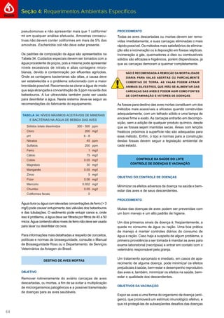 Seção 4: Requerimentos Ambientais Específicos
64
PROCEDIMENTO
Todas as aves descartadas ou mortas devem ser remo-
vidas imediatamente; e suas carcaças eliminadas o mais
rápido possível. Os métodos mais satisfatórios de elimina-
ção são a incineração ou a deposição em fossas sépticas.
Incineração a gás, queimadores a óleo ou combustíveis
sólidos são eﬁcazes e higiênicos, porém dispendiosos, já
que as carcaças demoram a queimar completamente.
NÃO É RECOMENDADA A REMOÇÃO DA MORTALIDADE
DIÁRIA PARA VALAS ABERTAS OU PARCIALMENTE
COBERTAS DE TERRA. AS VALAS PODEM ATRAIR
ANIMAIS SILVESTRES, QUE IRÃO SE ALIMENTAR DAS
CARCAÇAS DAS AVES E PODEM AGIR COMO FONTES
DE CONTAMINAÇÃO E VETORES DE DOENÇAS.
As fossas para destino das aves mortas constituem um dos
métodos mais acessíveis e eﬁcazes quando construídas
adequadamente, com um telhado sólido e uma tampa de
encaixe ﬁrme e exato.As carcaças entrarão em decompo-
sição, sem a adição de qualquer produto químico, desde
que as fossas sejam mantidas secas. Áreas com lençóis
freáticos próximos à superfície não são adequadas para
esse método. Enﬁm, o tipo e normas para a construção
destas fossas devem seguir a legislação ambiental de
cada estado.
CONTROLE DA SAÚDE DO LOTE
CONTROLE DE DOENÇAS E VACINAÇÃO
OBJETIVO DO CONTROLE DE DOENÇAS
Minimizar os efeitos adversos da doença na saúde e bem-
estar das aves e de seus descendentes.
PROCEDIMENTO
Muitas das doenças de aves podem ser prevenidas com
um bom manejo e um alto padrão de higiene.
Um dos primeiros sinais de doença é, freqüentemente, a
queda no consumo de água ou ração. Uma boa prática
de manejo é manter controles diários do consumo de
água e ração. Caso haja a suspeita de algum problema, a
primeira providência a ser tomada é mandar as aves para
exame laboratorial (necrópsia) e entrar em contato com o
veterinário responsável pela granja.
Um tratamento apropriado e imediato, em casos de apa-
recimento de alguma doença, pode minimizar os efeitos
prejudiciais à saúde, bem-estar e desempenho reprodutivo
das aves e, também, minimizar os efeitos na saúde, bem-
estar e qualidade dos descendentes.
OBJETIVOS DA VACINAÇÃO
Expor as aves a uma forma do organismo da doença (antí-
geno), que promoverá um estímulo imunológico efetivo, e
que irá protegê-las de subseqüentes desaﬁos das doenças
pseudomonas e não apresentar mais que 1 coliforme/
ml em qualquer análise efetuada. Amostras consecu-
tivas não devem conter coliformes em mais de 5% das
amostras. Escherichia coli não deve estar presente.
Os padrões de composição da água são apresentados na
Tabela 34. Cuidados especiais devem ser tomados com a
água procedente de poços, pois a mesma pode apresentar
níveis excessivos de nitrato e altas contagens micro-
bianas, devido à contaminação por eﬂuentes agrícolas.
Onde as contagens bacterianas são altas, a causa deve
ser estabelecida e o problema solucionado com a maior
brevidade possível. Recomenda-se clorar a água de modo
que seja alcançada a concentração de 3 ppm na saída dos
bebedouros. A luz ultravioleta também pode ser usada
para desinfetar a água. Neste sistema deve-se seguir as
recomendações do fabricante do equipamento.
Água dura ou água com elevadas concentrações de ferro (> 3
mg/l) pode causar entupimento das válvulas dos bebedouros
e das tubulações. O sedimento pode entupir canos e, onde
isso é problema, a água deve ser ﬁltrada por ﬁltros de 40 a 50
micra.Águacontendoaltosníveisdeferronãodeveserusada
para lavar ou desinfetar os ovos.
Para informações mais detalhadas a respeito de conceitos,
políticas e normas de biosseguridade, consulte o Manual
de Biosseguridade Ross ou o Departamento. de Serviços
Veterinários da Aviagen do Brasil.
DESTINO DE AVES MORTAS
OBJETIVO
Remover rotineiramente do aviário carcaças de aves
descartadas, ou mortas, a ﬁm de se evitar a multiplicação
de microrganismos patogênicos e a possível transmissão
de doenças para as aves saudáveis.
 