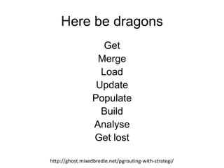 Here be dragons
Get
Merge
Load
Update
Populate
Build
Analyse
Get lost
http://ghost.mixedbredie.net/pgrouting-with-strategi/
 