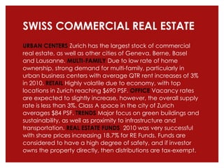 SWISS COMMERCIAL REAL ESTATEURBAN CENTERS Zurich has the largest stock of commercial real estate, as well as other cities of Geneva, Berne, Basel and Lausanne. MULTI-FAMILY Due to low rate of home ownership, strong demand for multi-family, particularly in urban business centers with average QTR rent increases of 3% in 2010. RETAIL Highly volatile due to economy, with top locations in Zurich reaching $690 PSF. OFFICE Vacancy rates are expected to slightly increase, however, the overall supply rate is less than 3%. Class A space in the city of Zurich averages $84 PSF. TRENDS Major focus on green buildings and sustainability, as well as proximity to infrastructure and transportation. REAL ESTATE FUNDS  2010 was very successful with share prices increasing 18.7% for RE Funds. Funds are considered to have a high degree of safety, and if investor owns the property directly, then distributions are tax-exempt. 