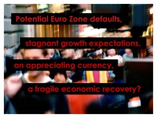 Potential Euro Zone defaults,stagnant growth expectations, an appreciating currency,a fragile economic recovery?