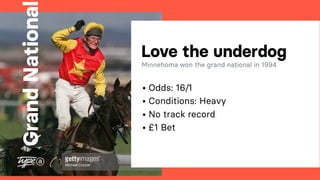 GrandNational
Love the underdog
Minnehoma won the grand national in 1994
• Odds: 16/1
• Conditions: Heavy
• No track recor...