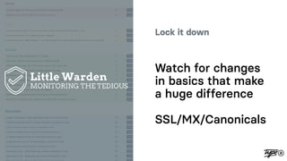 Lock it down
Watch for changes
in basics that make
a huge difference
SSL/MX/Canonicals
 