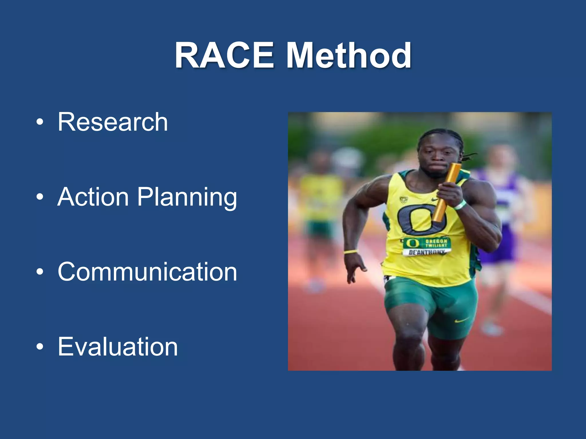RACE Method
• Research
• Action Planning
• Communication
• Evaluation
 
