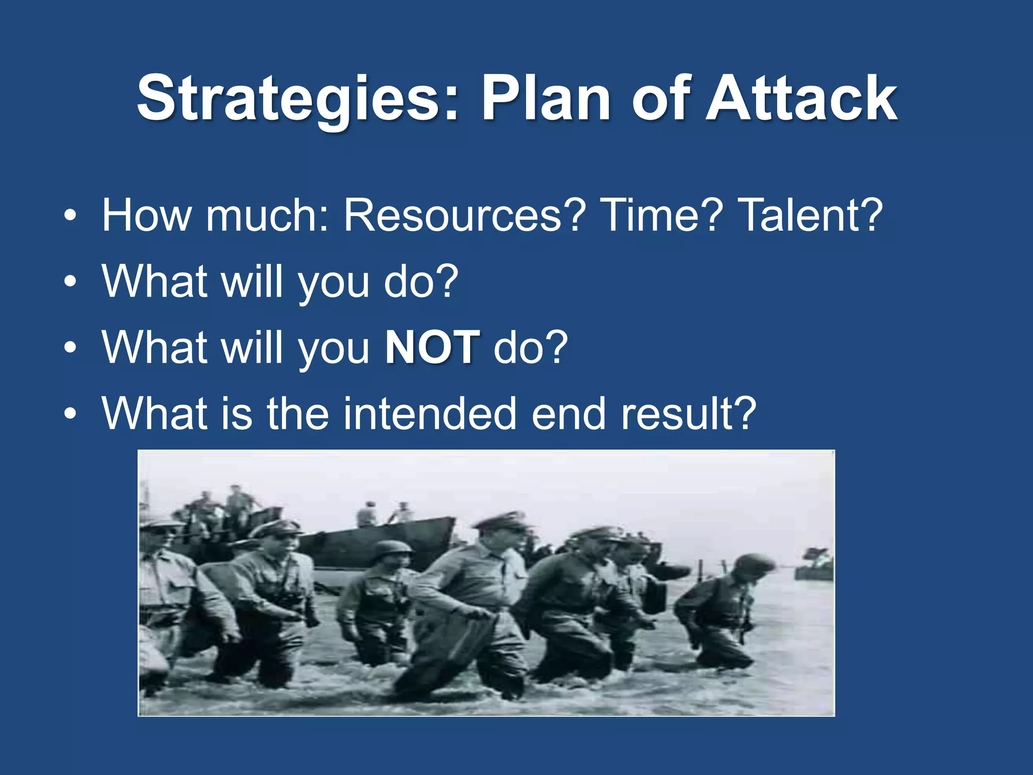 Strategies: Plan of Attack
• How much: Resources? Time? Talent?
• What will you do?
• What will you NOT do?
• What is the intended end result?
 